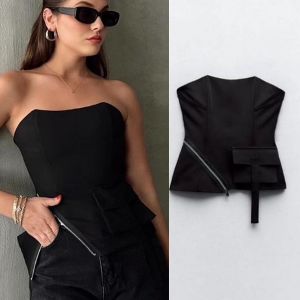 ZARA bustier corset style strapless top with zipper and pocket detailing small
